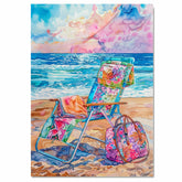 Watercolor Painting of Colorful Reclining Beach Chair with Floral Bag and Blanket on Sand Overlooking Ocean at Sunset on Ready to Hang 1.5" Thick Canvas Wrap, Floating Framed Canvas, Flat Rolled Canvas
